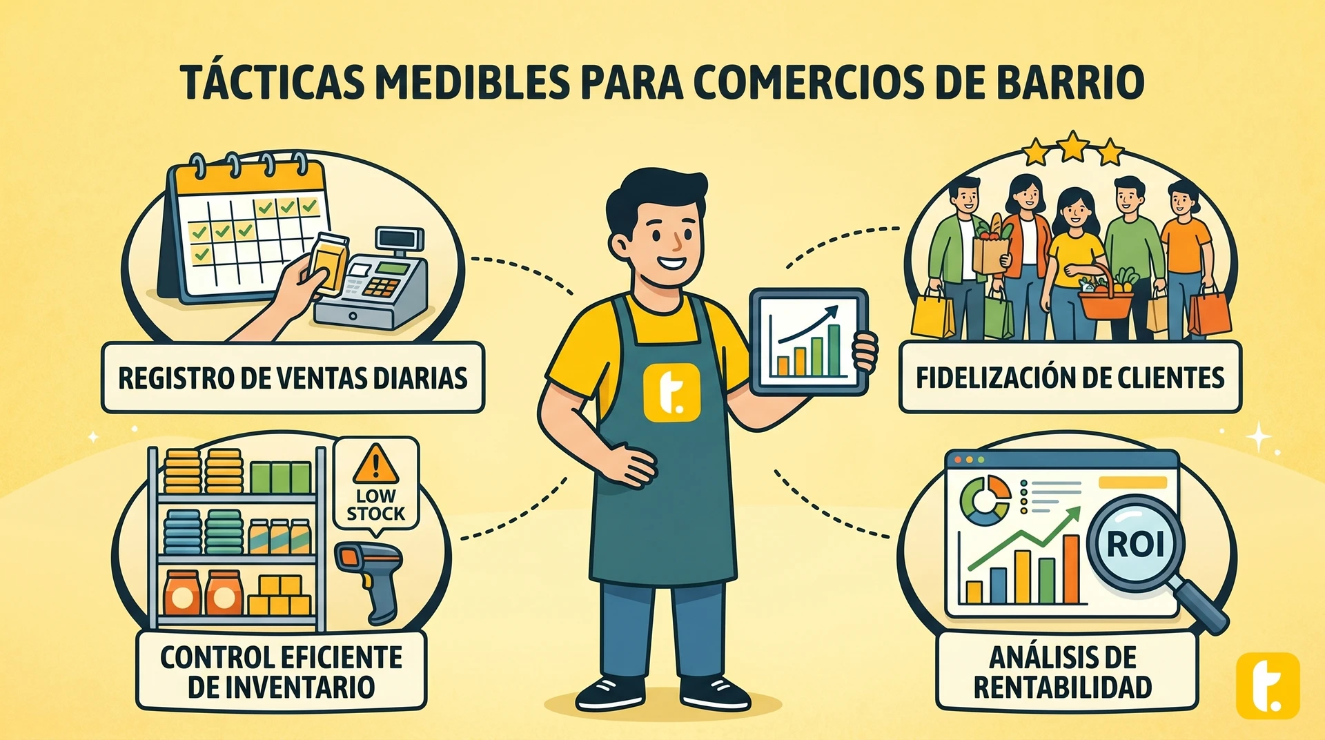 Comercio de barrio perdiendo ventas diarias debido a la competencia de cadenas grandes en Latinoamérica.