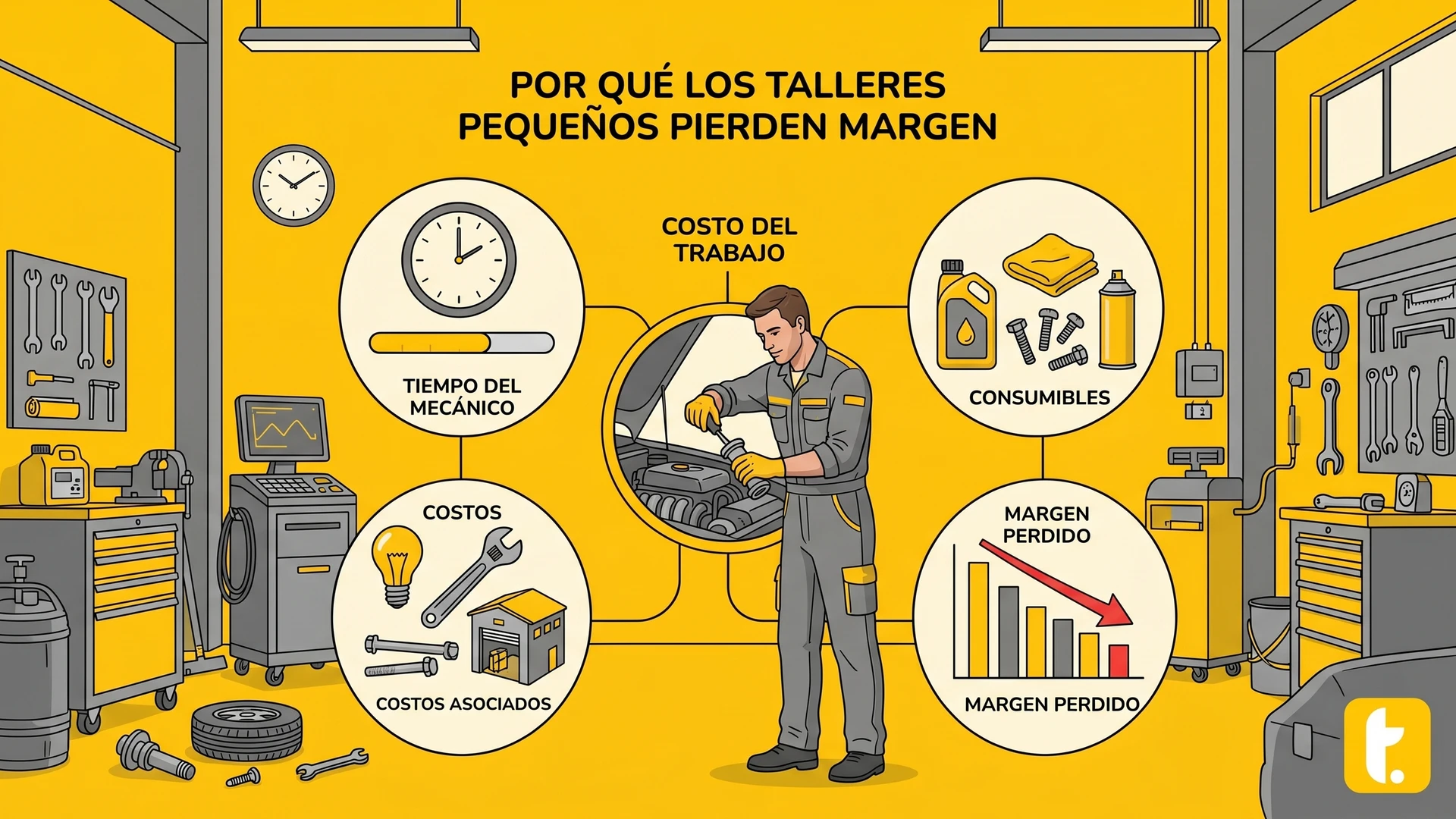 Mecánico trabajando en taller pequeño, analizando costos y márgenes para aumentar la rentabilidad del servicio.