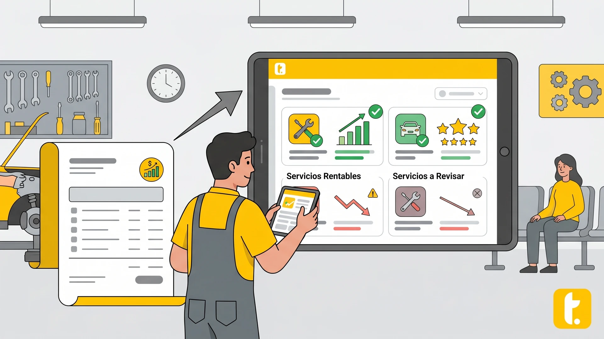 Gráfico que muestra la rentabilidad en reparaciones, resaltando servicios a impulsar y áreas a revisar.